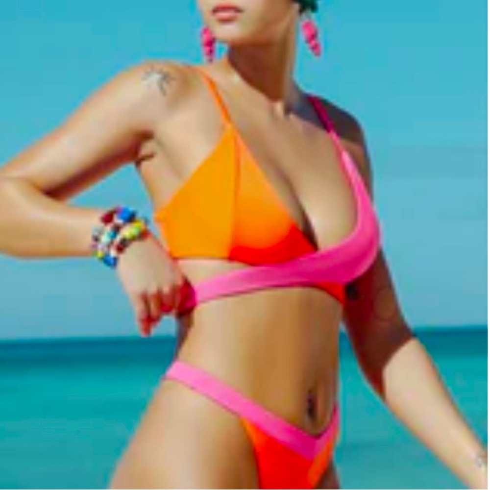 Parade orange and hot pink Criss-Cross Bikini Top and Thong